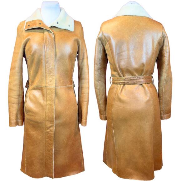Burberry Trench Coat Long Winter Brown Leather White Shearling Jacket Womens US4 - Picture 2 of 12